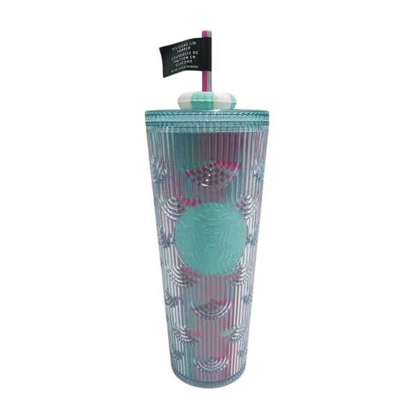 Starbucks Summer 24 Oz Tumbler Silicone Lid Topper & Straw Textured Aqua & Pink - Picture 1 of 10